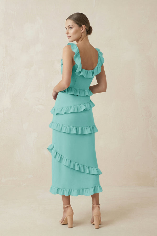 Square Neck Ruffled Sheath Satin Midi Bridesmaid Dress in Aqua - KissProm Bridesmaid Dresses