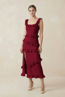 Square Neck Ruffled Sheath Satin Midi Bridesmaid Dress in Berry - KissProm Bridesmaid Dresses