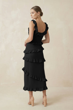 Square Neck Ruffled Sheath Satin Midi Bridesmaid Dress in Black - KissProm Bridesmaid Dresses