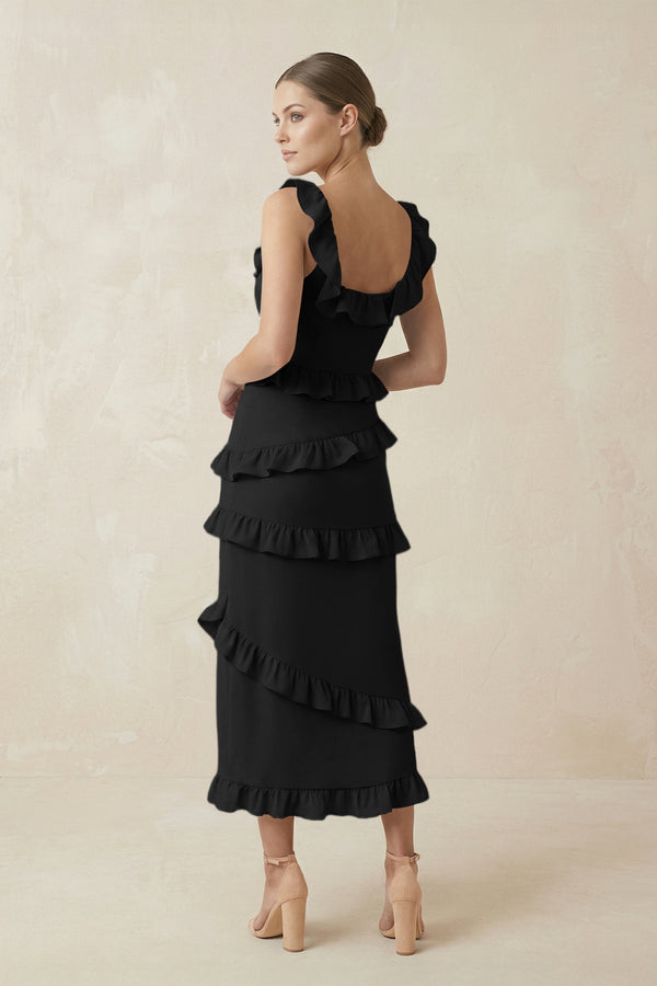 Square Neck Ruffled Sheath Satin Midi Bridesmaid Dress in Black - KissProm Bridesmaid Dresses