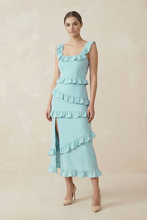 Square Neck Ruffled Sheath Satin Midi Bridesmaid Dress in Bleached Aqua - KissProm Bridesmaid Dresses