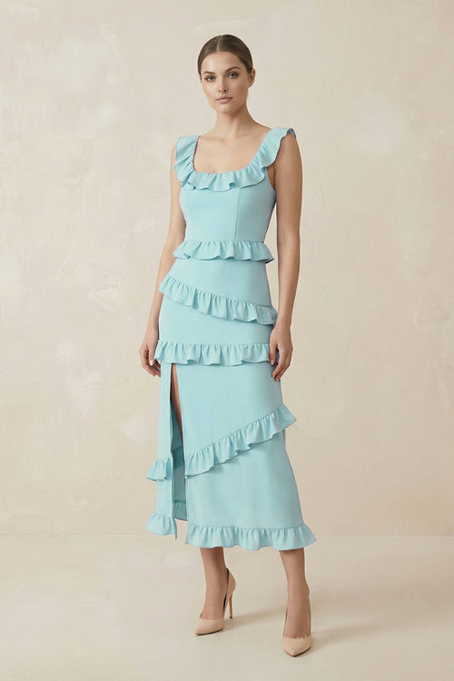 Square Neck Ruffled Sheath Satin Midi Bridesmaid Dress in Bleached Aqua - KissProm Bridesmaid Dresses