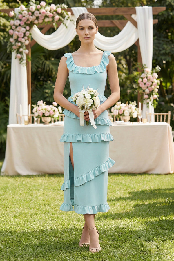 KissProm Square Neck Ruffled Sheath Satin Midi Bridesmaid Dress in Bleached Aqua, Bleached Aqua / 4