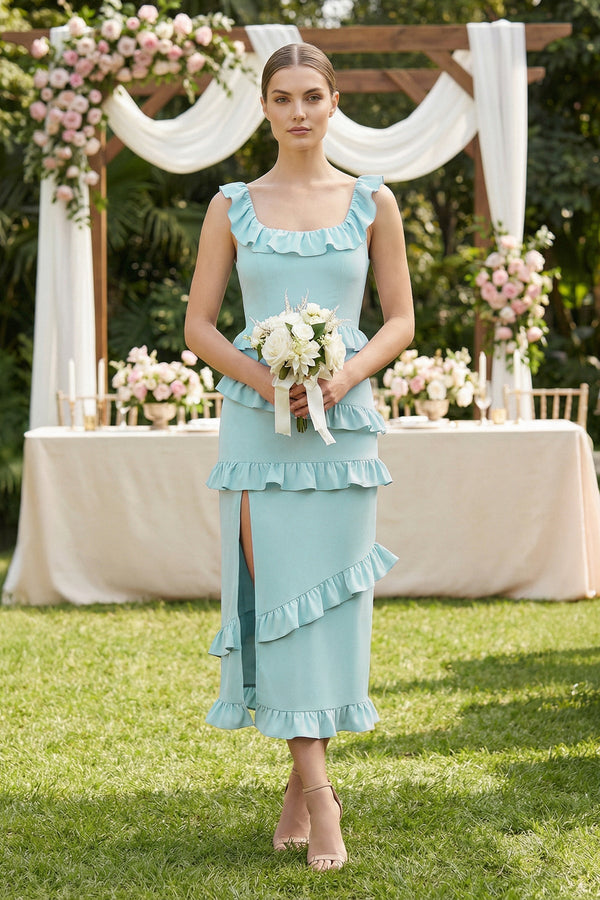 Square Neck Ruffled Sheath Satin Midi Bridesmaid Dress in Bleached Aqua - KissProm Bridesmaid Dresses