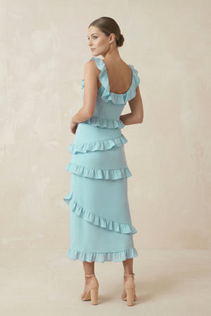 Square Neck Ruffled Sheath Satin Midi Bridesmaid Dress in Bleached Aqua - KissProm Bridesmaid Dresses