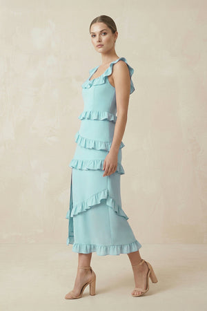 Square Neck Ruffled Sheath Satin Midi Bridesmaid Dress in Bleached Aqua - KissProm Bridesmaid Dresses