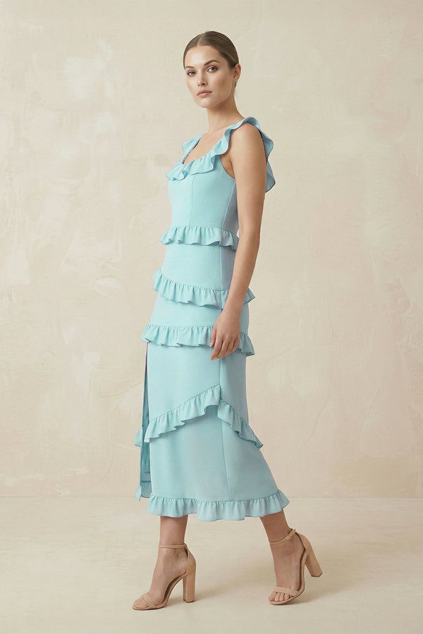Square Neck Ruffled Sheath Satin Midi Bridesmaid Dress in Bleached Aqua - KissProm Bridesmaid Dresses