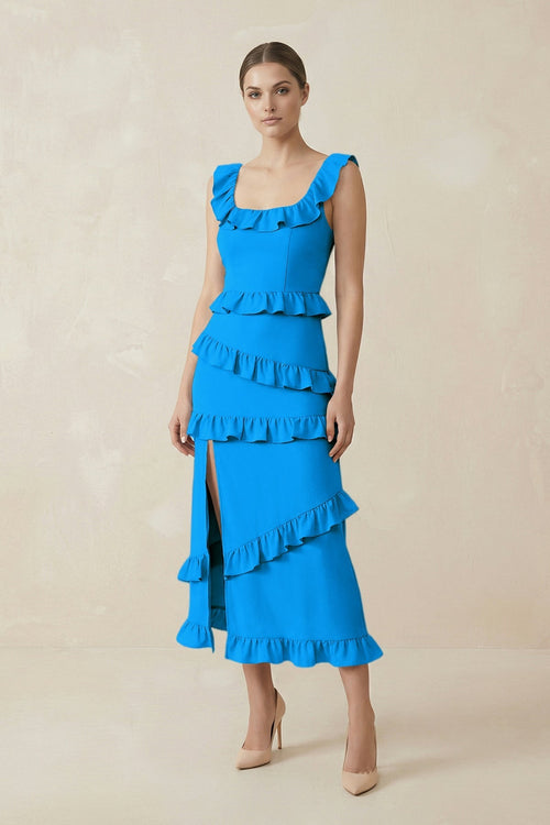 Square Neck Ruffled Sheath Satin Midi Bridesmaid Dress in Blue Jay - KissProm Bridesmaid Dresses