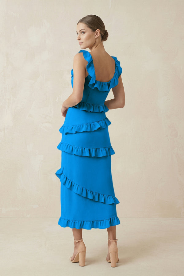 Square Neck Ruffled Sheath Satin Midi Bridesmaid Dress in Blue Jay - KissProm Bridesmaid Dresses