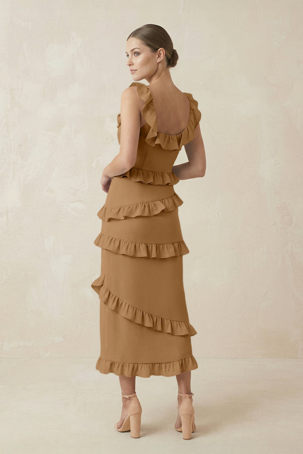 Square Neck Ruffled Sheath Satin Midi Bridesmaid Dress in Bronzer - KissProm Bridesmaid Dresses