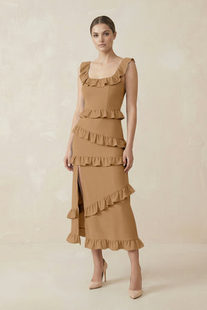 Square Neck Ruffled Sheath Satin Midi Bridesmaid Dress in Bronzer - KissProm Bridesmaid Dresses