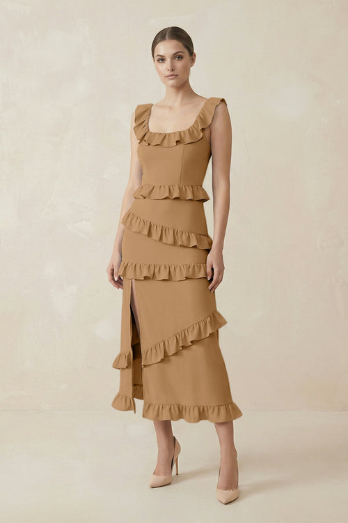 Square Neck Ruffled Sheath Satin Midi Bridesmaid Dress in Bronzer - KissProm Bridesmaid Dresses