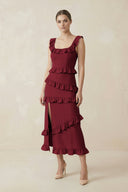 Square Neck Ruffled Sheath Satin Midi Bridesmaid Dress in Burgundy - KissProm Bridesmaid Dresses