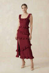 Square Neck Ruffled Sheath Satin Midi Bridesmaid Dress in Burgundy - KissProm Bridesmaid Dresses
