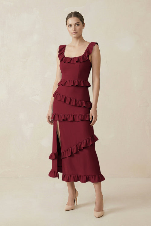 Square Neck Ruffled Sheath Satin Midi Bridesmaid Dress in Burgundy - KissProm Bridesmaid Dresses