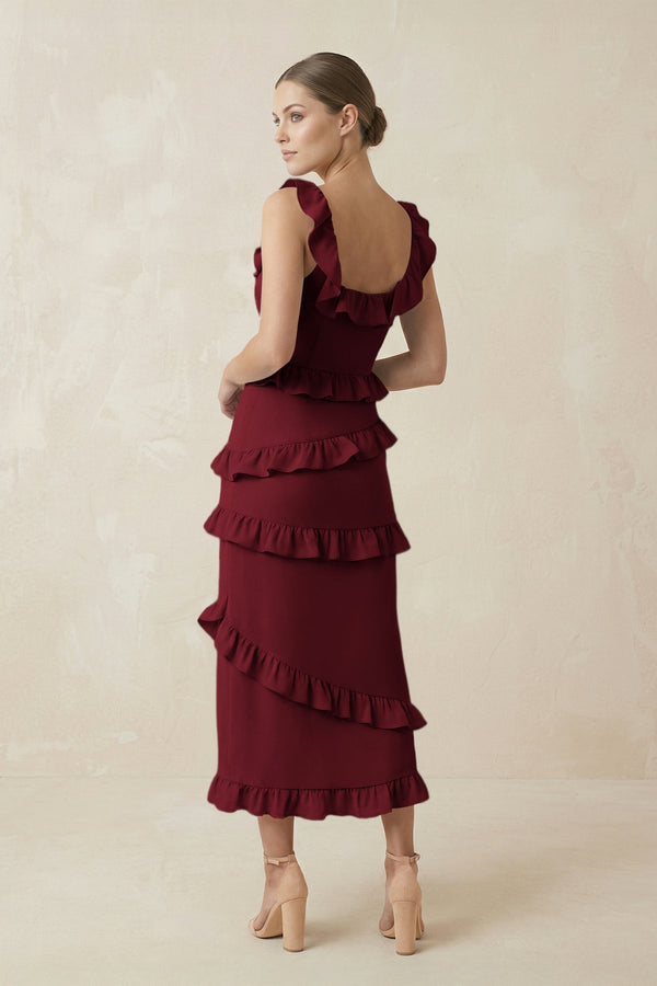 Square Neck Ruffled Sheath Satin Midi Bridesmaid Dress in Burgundy - KissProm Bridesmaid Dresses