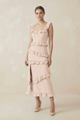 Square Neck Ruffled Sheath Satin Midi Bridesmaid Dress in Buttercream - KissProm Bridesmaid Dresses