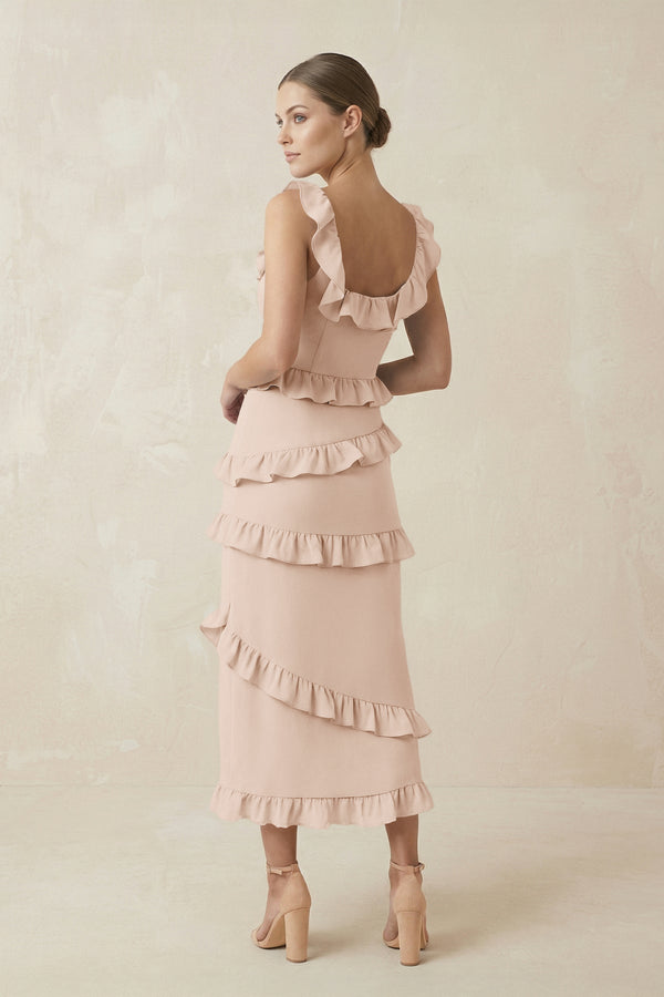 Square Neck Ruffled Sheath Satin Midi Bridesmaid Dress in Buttercream - KissProm Bridesmaid Dresses