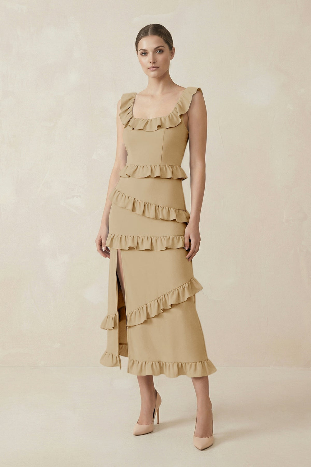 Square Neck Ruffled Sheath Satin Midi Bridesmaid Dress in Champagne - KissProm Bridesmaid Dresses
