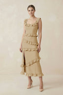 Square Neck Ruffled Sheath Satin Midi Bridesmaid Dress in Champagne - KissProm Bridesmaid Dresses