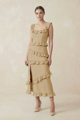 Square Neck Ruffled Sheath Satin Midi Bridesmaid Dress in Champagne - KissProm Bridesmaid Dresses
