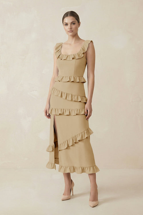 Square Neck Ruffled Sheath Satin Midi Bridesmaid Dress in Champagne - KissProm Bridesmaid Dresses