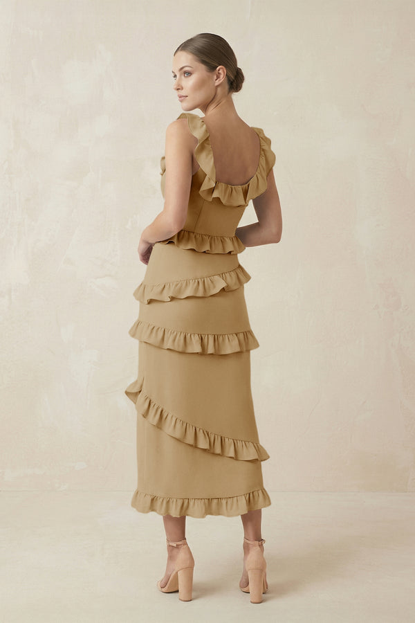 Square Neck Ruffled Sheath Satin Midi Bridesmaid Dress in Champagne - KissProm Bridesmaid Dresses