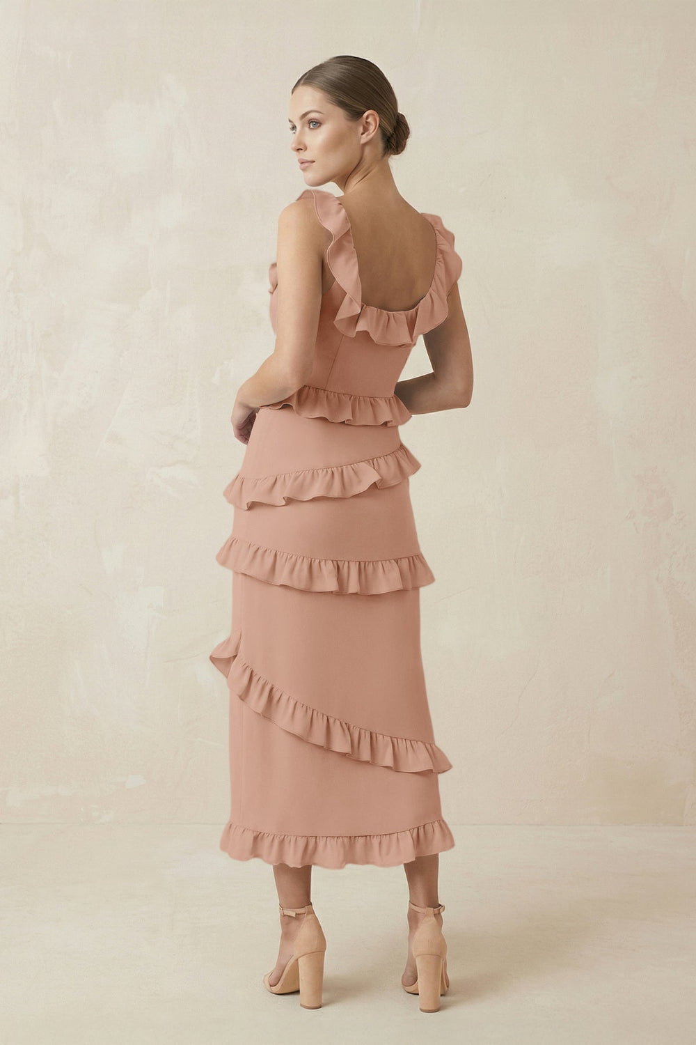 Square Neck Ruffled Sheath Satin Midi Bridesmaid Dress in Champagne Rose - KissProm Bridesmaid Dresses