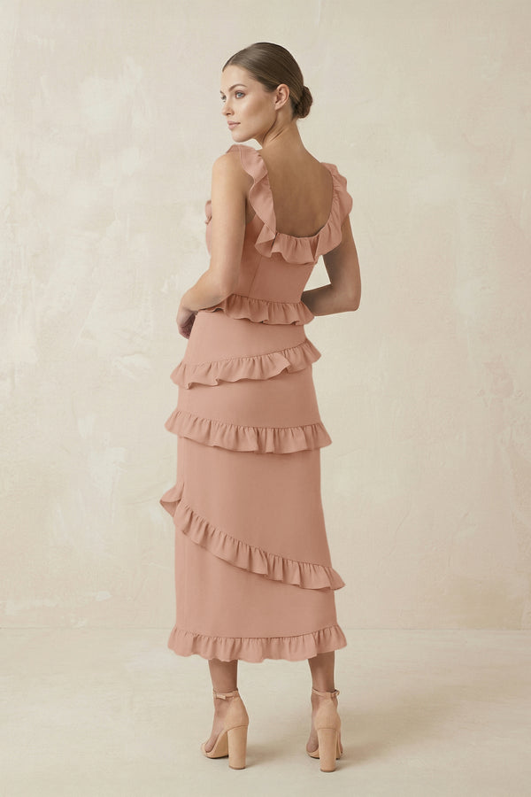 Square Neck Ruffled Sheath Satin Midi Bridesmaid Dress in Champagne Rose - KissProm Bridesmaid Dresses
