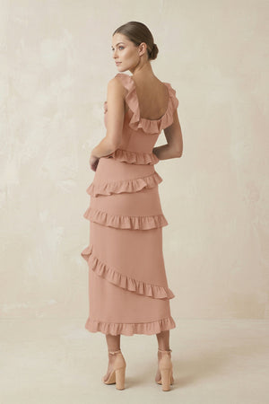 Square Neck Ruffled Sheath Satin Midi Bridesmaid Dress in Champagne Rose - KissProm Bridesmaid Dresses