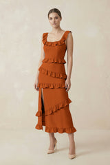 Square Neck Ruffled Sheath Satin Midi Bridesmaid Dress in Cinnamon - KissProm Bridesmaid Dresses