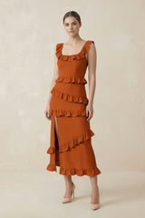 Square Neck Ruffled Sheath Satin Midi Bridesmaid Dress in Cinnamon - KissProm Bridesmaid Dresses