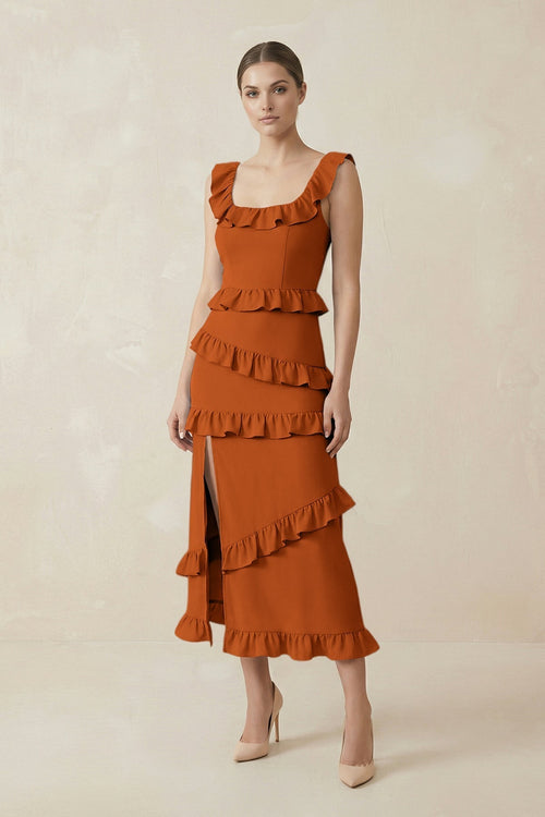Square Neck Ruffled Sheath Satin Midi Bridesmaid Dress in Cinnamon - KissProm Bridesmaid Dresses