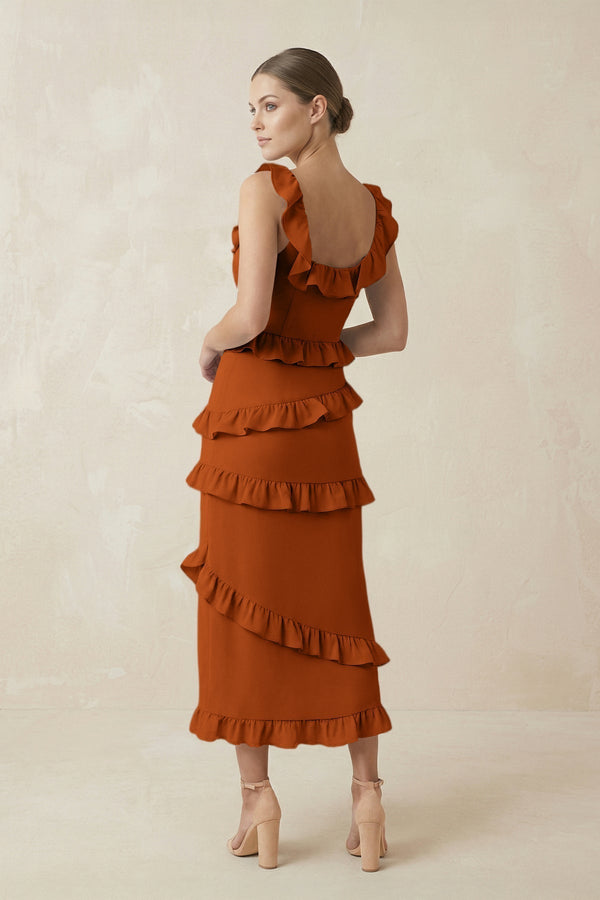 Square Neck Ruffled Sheath Satin Midi Bridesmaid Dress in Cinnamon - KissProm Bridesmaid Dresses