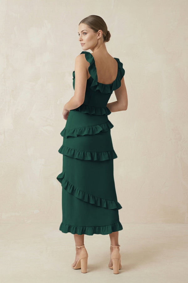 Square Neck Ruffled Sheath Satin Midi Bridesmaid Dress in Dark Green - KissProm Bridesmaid Dresses
