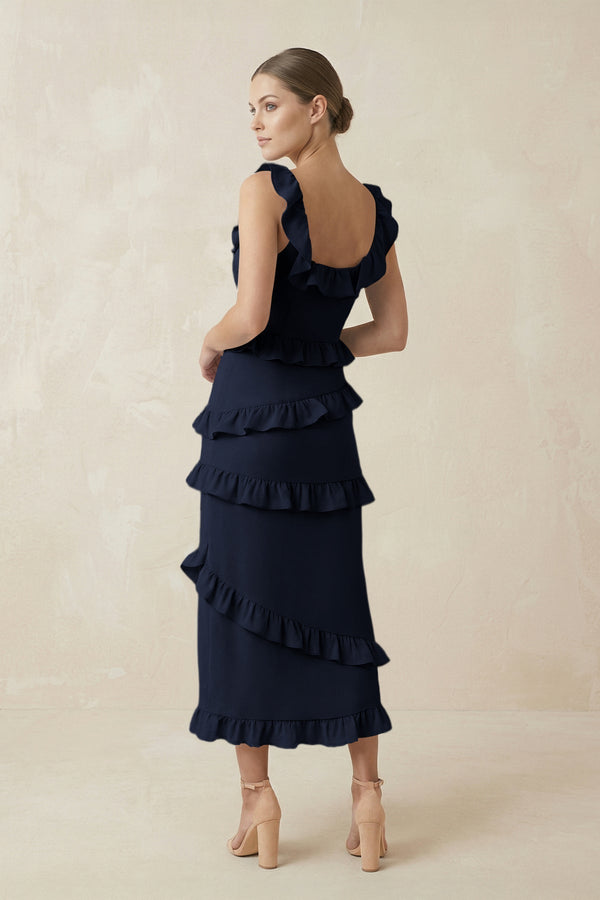 Square Neck Ruffled Sheath Satin Midi Bridesmaid Dress in Dark Navy - KissProm Bridesmaid Dresses