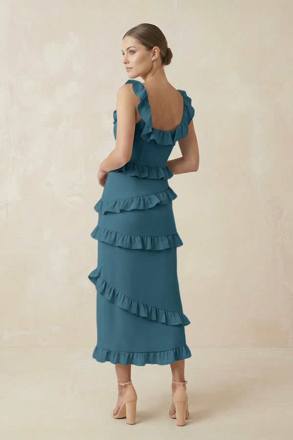 Square Neck Ruffled Sheath Satin Midi Bridesmaid Dress in Dark Teal - KissProm Bridesmaid Dresses
