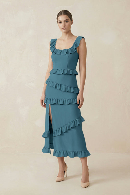Square Neck Ruffled Sheath Satin Midi Bridesmaid Dress in Dark Teal - KissProm Bridesmaid Dresses