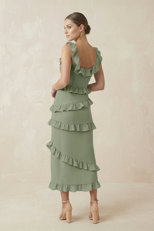 Square Neck Ruffled Sheath Satin Midi Bridesmaid Dress in Dove Gray - KissProm Bridesmaid Dresses