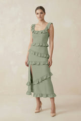 Square Neck Ruffled Sheath Satin Midi Bridesmaid Dress in Dove Gray - KissProm Bridesmaid Dresses