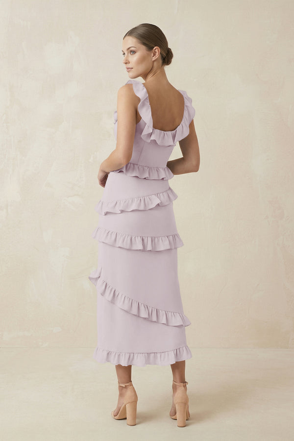 Square Neck Ruffled Sheath Satin Midi Bridesmaid Dress in Dusk - KissProm Bridesmaid Dresses