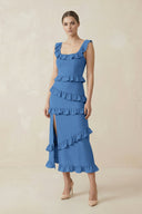 Square Neck Ruffled Sheath Satin Midi Bridesmaid Dress in Dusty Blue - KissProm Bridesmaid Dresses
