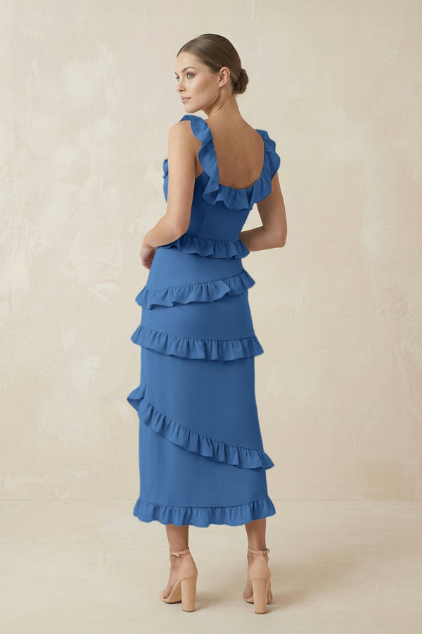 Square Neck Ruffled Sheath Satin Midi Bridesmaid Dress in Dusty Blue - KissProm Bridesmaid Dresses