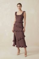 Square Neck Ruffled Sheath Satin Midi Bridesmaid Dress in Espresso - KissProm Bridesmaid Dresses