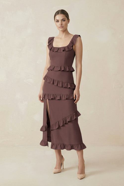 Square Neck Ruffled Sheath Satin Midi Bridesmaid Dress in Espresso - KissProm Bridesmaid Dresses