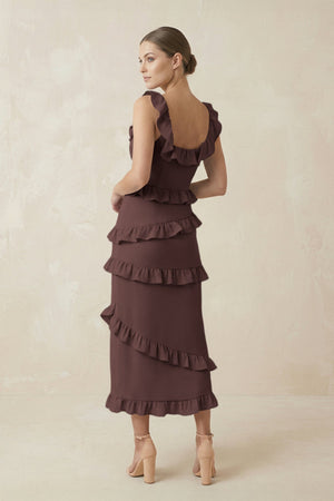 Square Neck Ruffled Sheath Satin Midi Bridesmaid Dress in Espresso - KissProm Bridesmaid Dresses