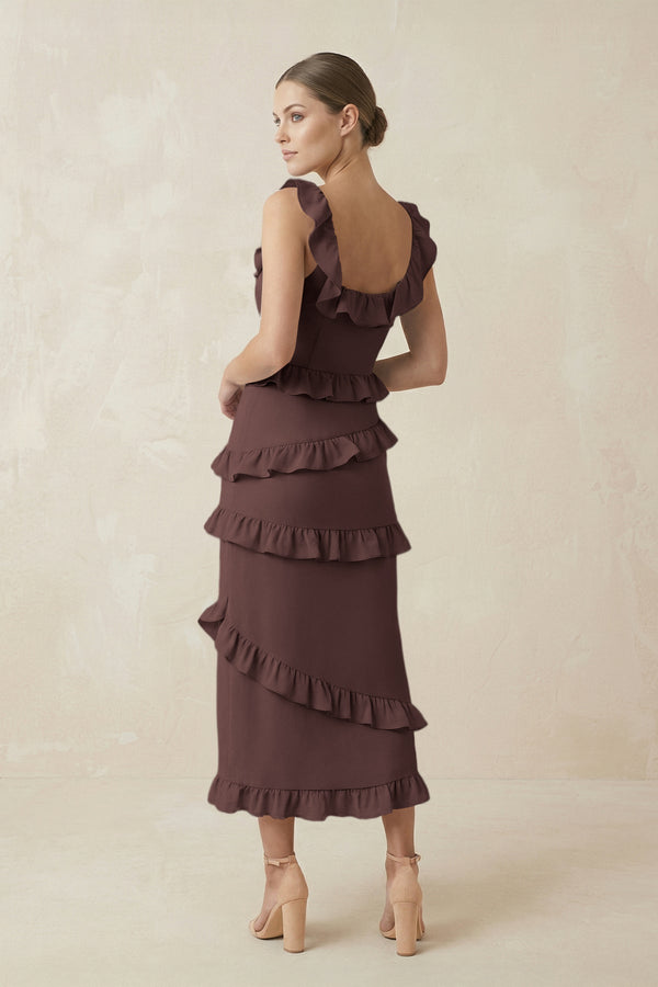 Square Neck Ruffled Sheath Satin Midi Bridesmaid Dress in Espresso - KissProm Bridesmaid Dresses