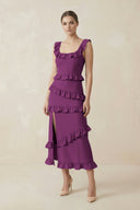 Square Neck Ruffled Sheath Satin Midi Bridesmaid Dress in Fig - KissProm Bridesmaid Dresses