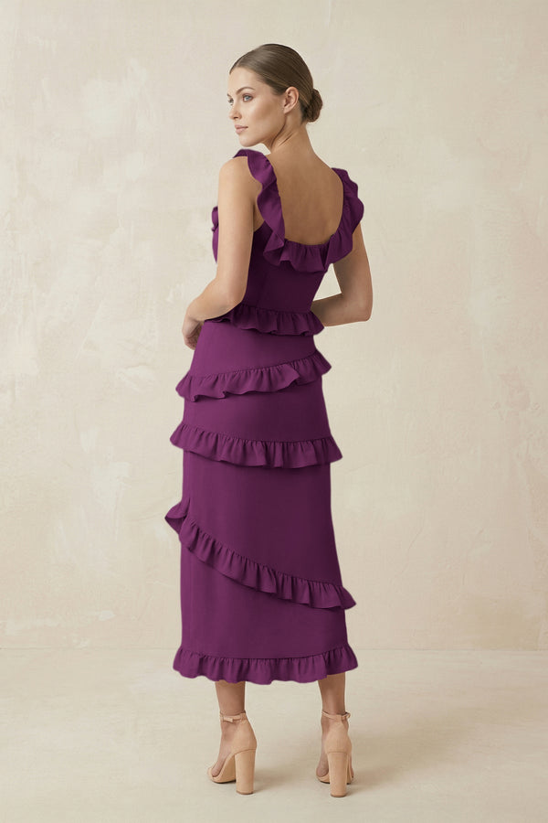Square Neck Ruffled Sheath Satin Midi Bridesmaid Dress in Fig - KissProm Bridesmaid Dresses