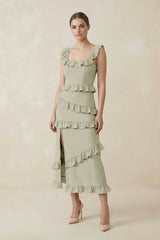 Square Neck Ruffled Sheath Satin Midi Bridesmaid Dress in Frost - KissProm Bridesmaid Dresses